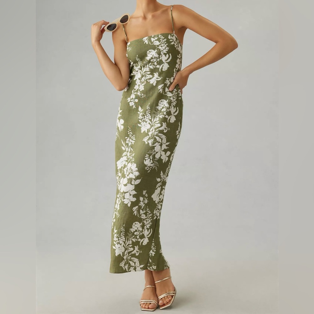 Reformation Frankie Floral Linen Dress in green size 0